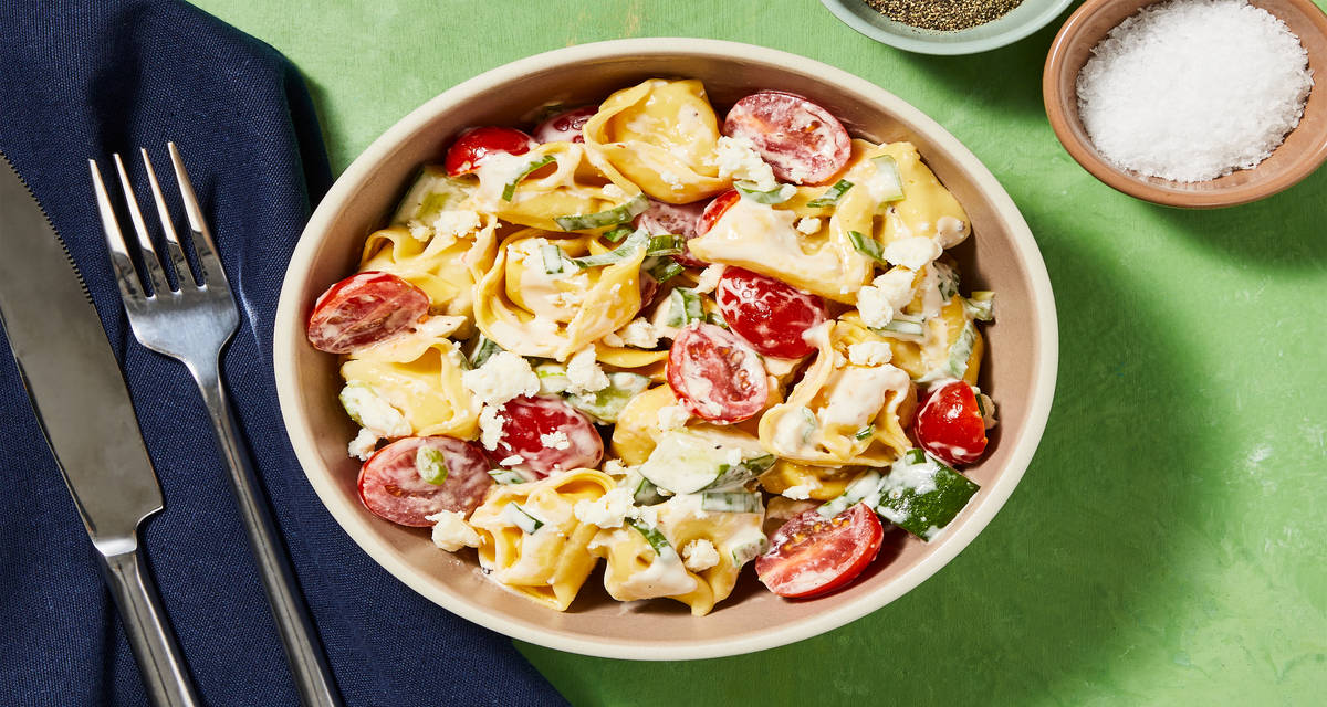 Tortelloni Caesar Salad with Grape Tomatoes, Cucumber & Feta