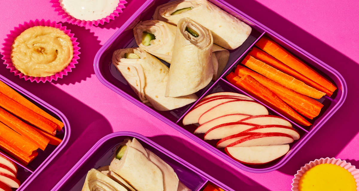 Kids’ Turkey Cucumber Roll-Ups with Carrot Sticks, Hummus & Apple Slices