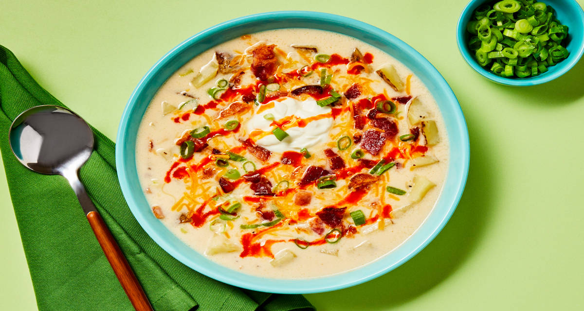Loaded Baked Potato Soup with Bacon, Cheddar, Sour Cream, Scallions & Hot Sauce