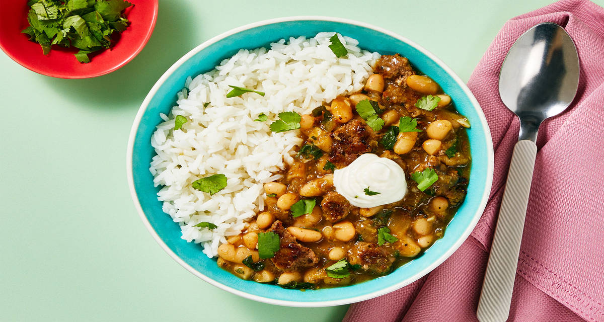 Spicy Turkey & White Bean Chili Verde with White Rice, Sour Cream & Cilantro