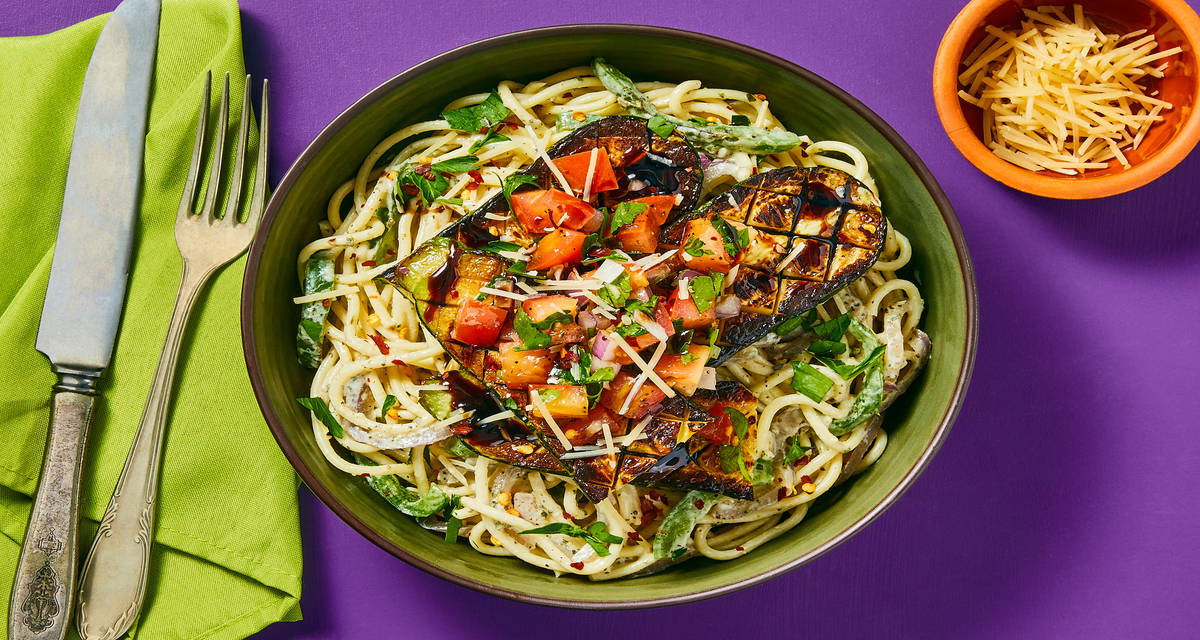 Charred Zucchini over Bruschetta Spaghetti with Balsamic Drizzle & Parmesan