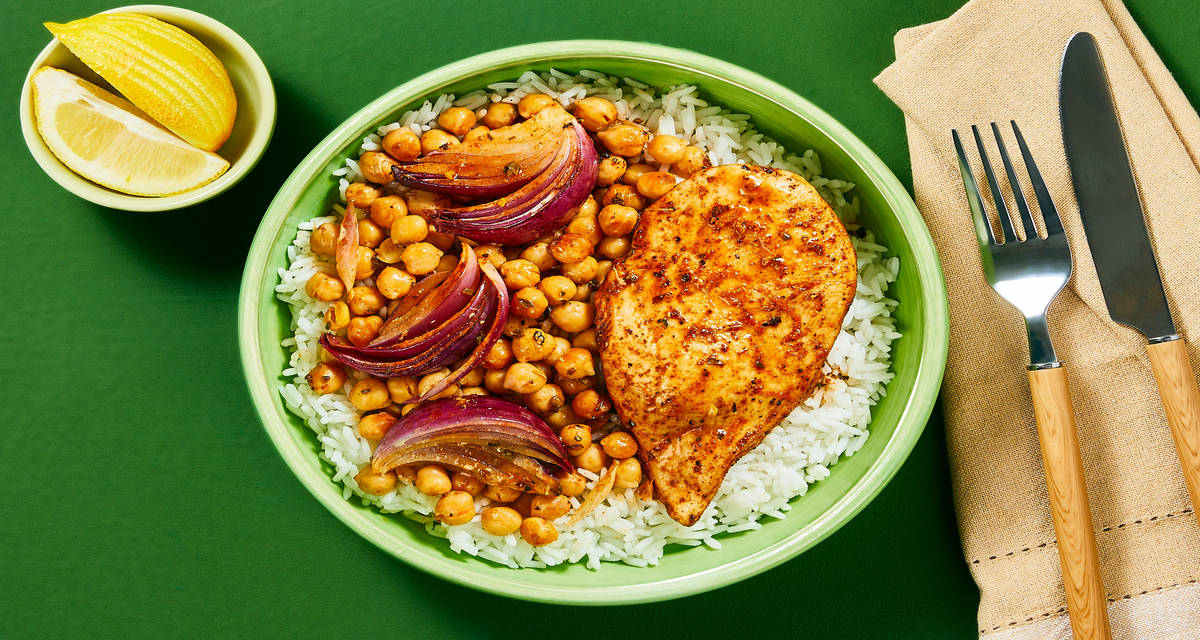 Smoked Paprika Chicken & Chickpeas with Red Onion, Lemon & Fluffy Rice