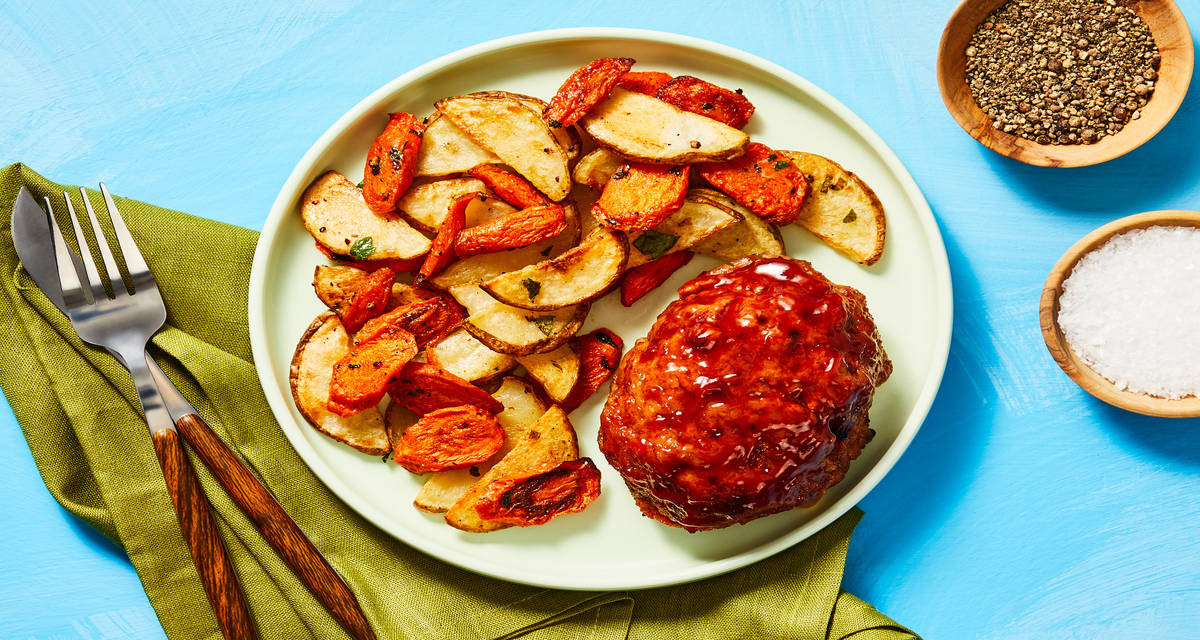 Sheet Pan Gouda-Stuffed Pork Meatloaves with Garlic Herb Potatoes & Carrots