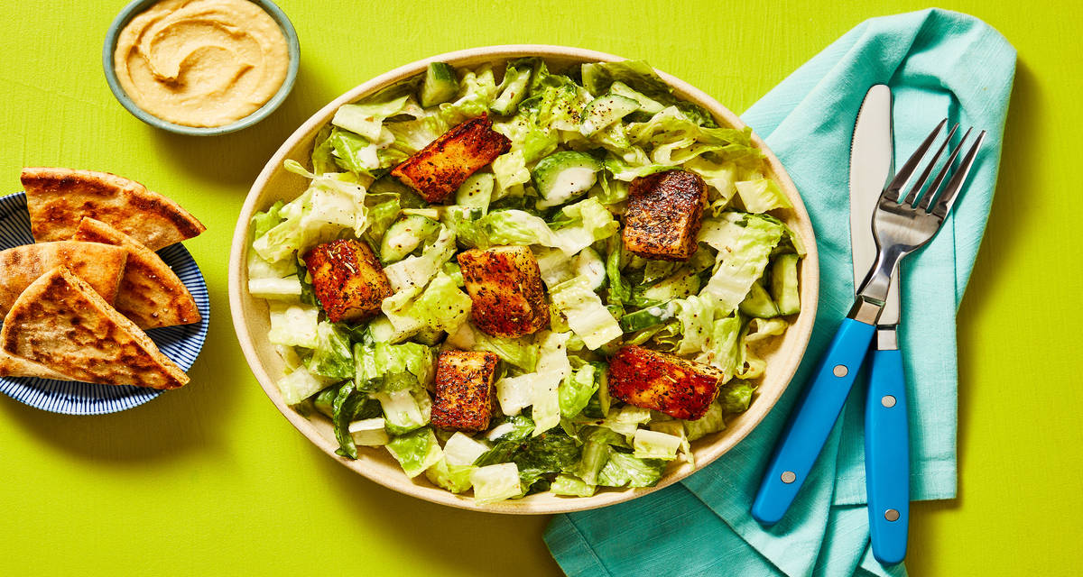 Grilled Tunisian-Spiced Halloumi Salad with Cucumber, Hummus & Pita Wedges