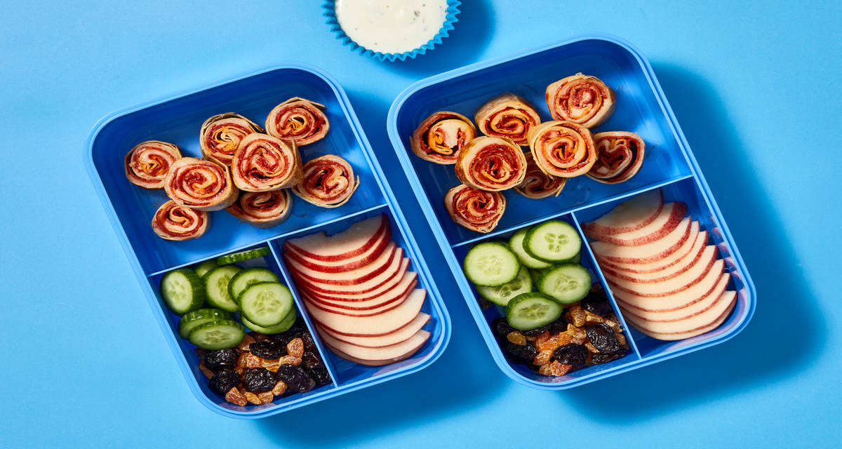 Kids’ Cheesy Pepperoni Roll-ups with Ranch Dipper, Apple, Cucumber, & Dried Fruit Mix