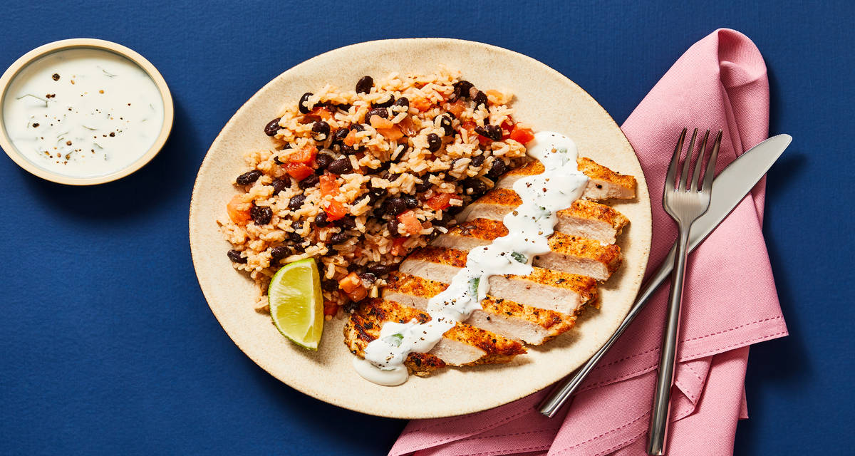 Fajita-Spiced Steak with Rice, Black Beans & Cilantro-Lime Crema