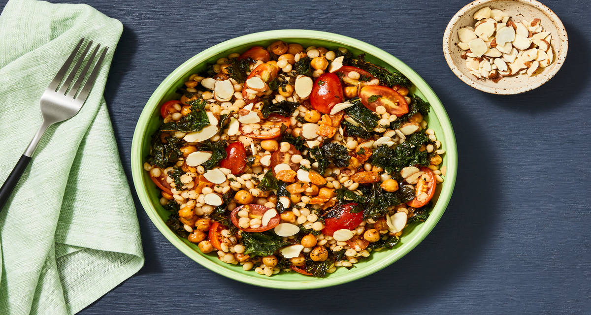 Roasted Kale & Chickpea Couscous Bowls with Dried Apricots, Almonds & Pepper Jam Vinaigrette