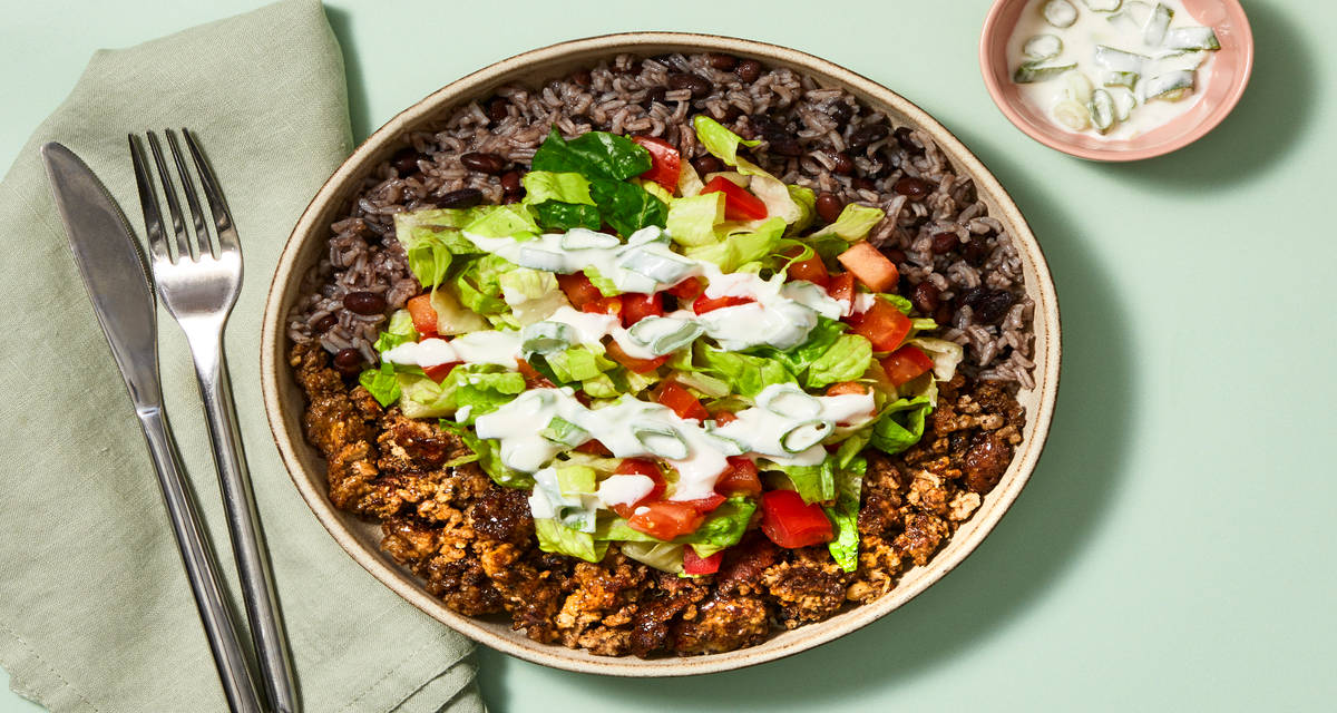 Tex-Mex Beef & Black Bean Rice Bowls with Lettuce, Tomato & Scallion Crema