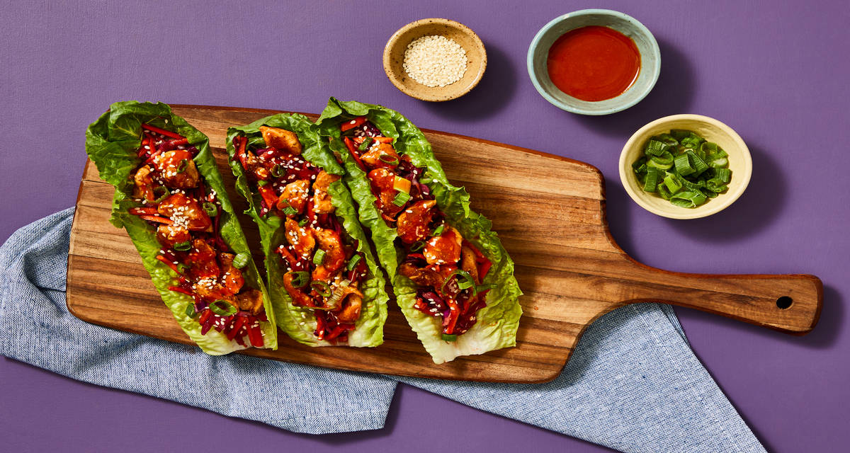 Sweet & Spicy Chicken Lettuce Wraps with Sesame Slaw & Scallions