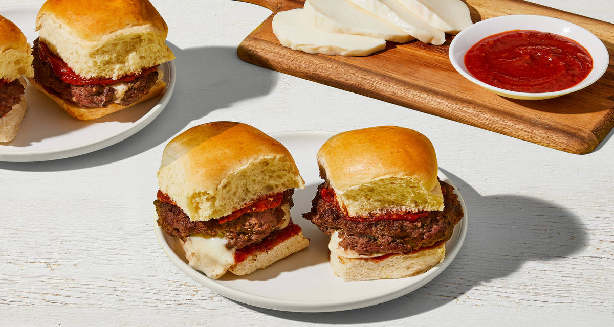 Italian Mozz-Stuffed Beef Sliders on Parker House rolls | 2 Servings