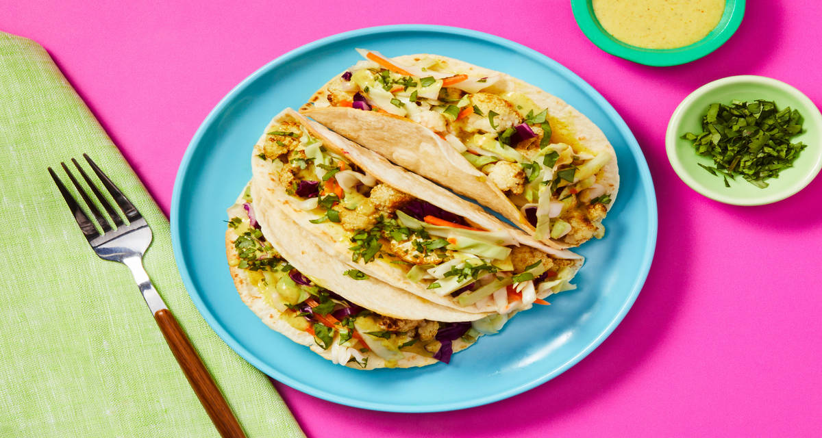 Spice Market Chicken & Cauliflower Tacos with Curry Mayo & Cabbage Slaw