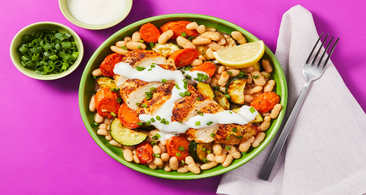 Smoky Paprika Chicken with White Beans plus Carrots, Zucchini & Lemony Yogurt Sauce