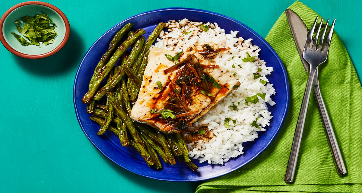Steamed Cantonese-Style Barramundi with Rice, Roasted Green Beans & Sweet Soy Ginger Sauce
