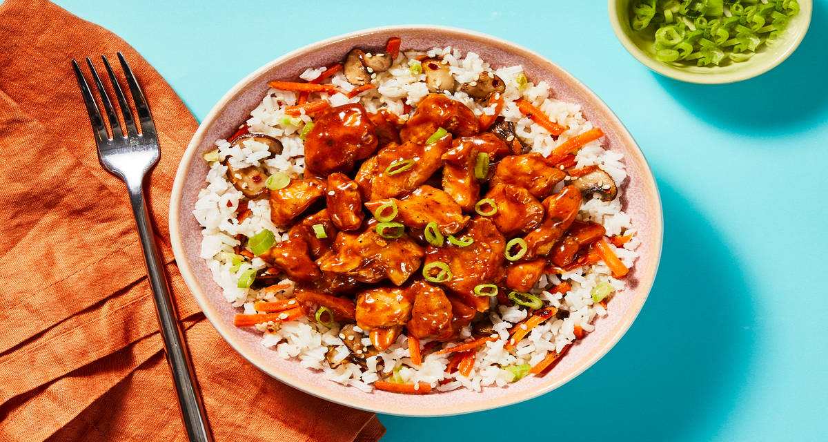 Sticky-Spicy Chicken & Sesame Rice Bowls with Mushrooms & Carrots