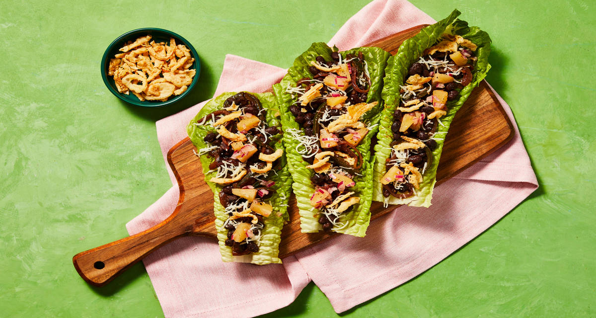 BBQ Black Bean & Mozz Lettuce Wraps with Pineapple Salsa & Crispy Onions
