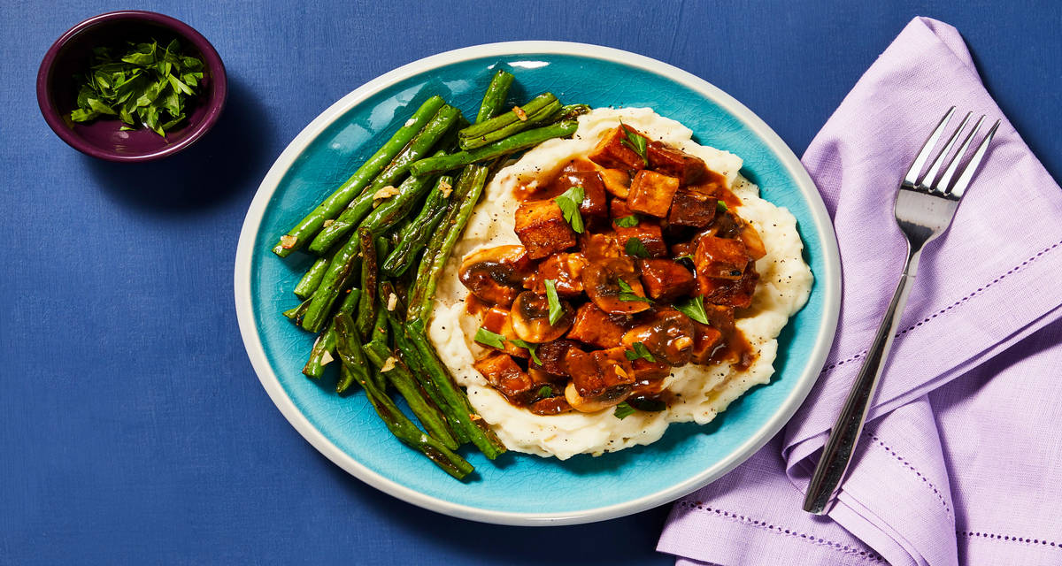 Golden Tofu, Chicken & Mushroom Marsala with Roasted Green Beans & Mashed Potatoes