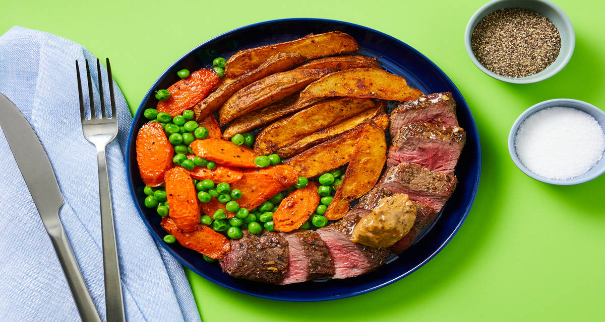 Sizzling Garlic Herb Butter Steak with Roasted Broccoli plus Honey-Glazed Peas & Carrots