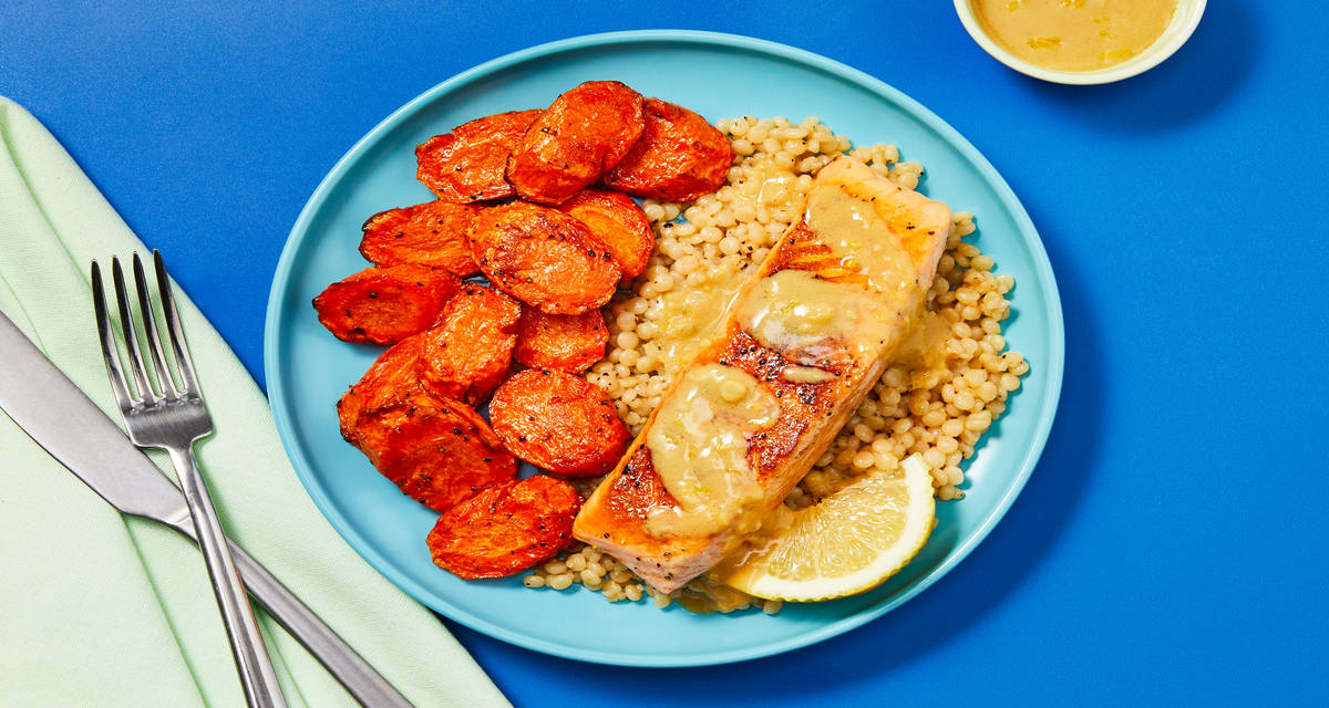 Seared Salmon with Lemon-Dijon Sauce plus Garlic Couscous & Roasted Carrots