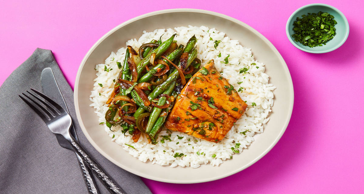 Sweet & Spicy Soy-Garlic Barramundi with Green Beans, Caramelized Onion & Buttery Rice