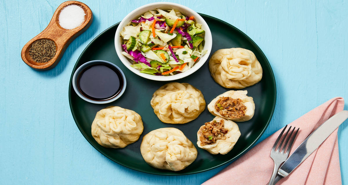 Steamed Hoisin BBQ Pork Buns with Cucumber Slaw & Ponzu-Soy Dipping Sauce