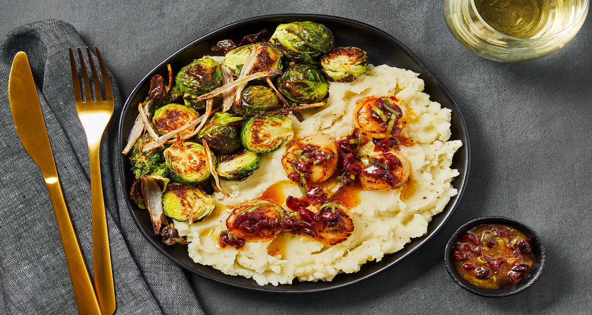 Scallops with Orange-Cranberry Gastrique plus Garlicky Mashed Potatoes & Roasted Brussels Sprouts
