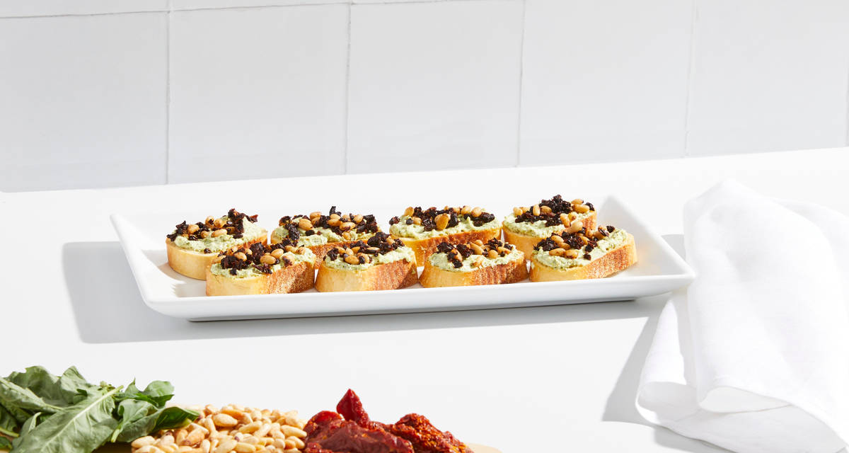 Sun-Dried Tomato & Pesto Ricotta Crostini 2-4 Servings | pine nuts