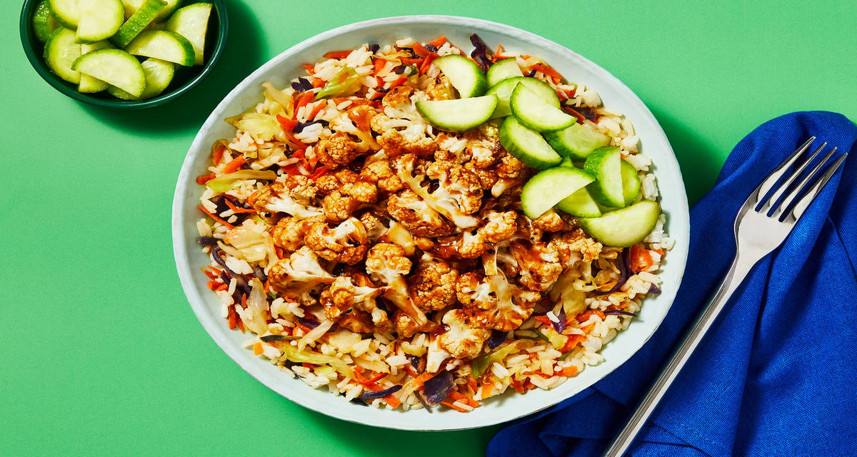 Sweet Heat Shrimp & Cauli Bowls with Cabbage-Carrot Rice & Pickled Cucumber