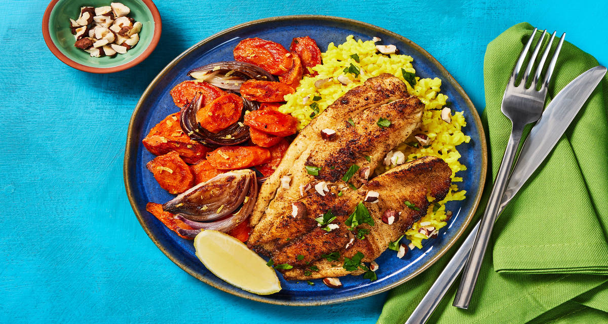 Lebanese-Style Tilapia & Turmeric Rice with Lemony Roasted Carrots & Onion, Hazelnuts