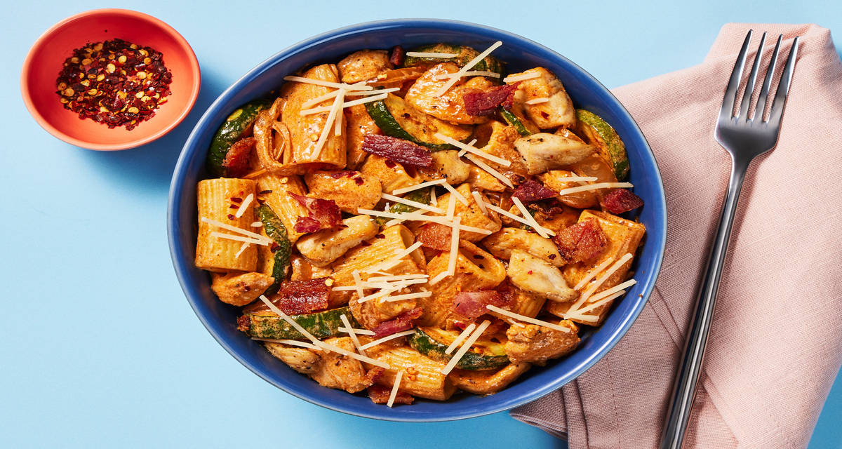 Spicy Chicken & Bacon Rigatoni with Roasted Zucchini & Parmesan