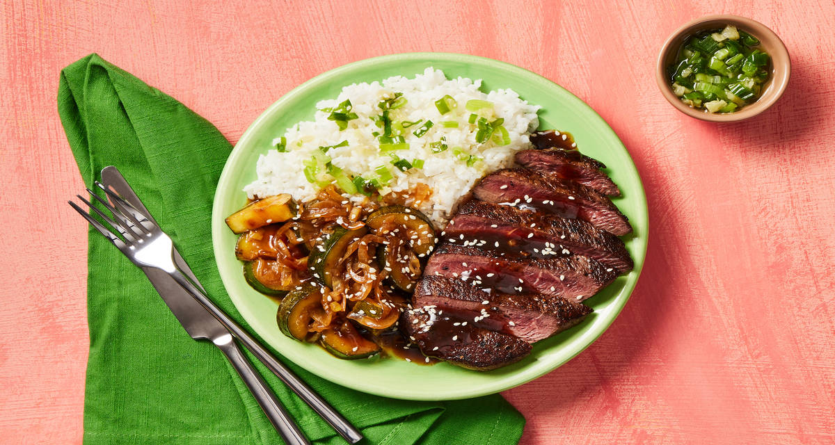 Soy-Glazed Steak with Zucchini Stir-Fry plus Jasmine Rice & Scallion-Ginger Oil