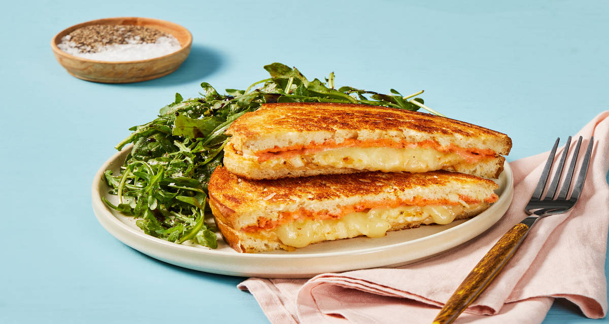 Sun-Dried Tomato Grilled Cheese Sandos with Balsamic Arugula Salad