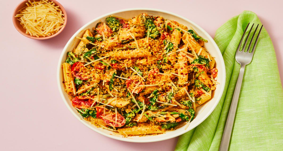 Penne with Spinach & Tomatoes topped with Garlic Butter Breadcrumbs & Parmesan-image