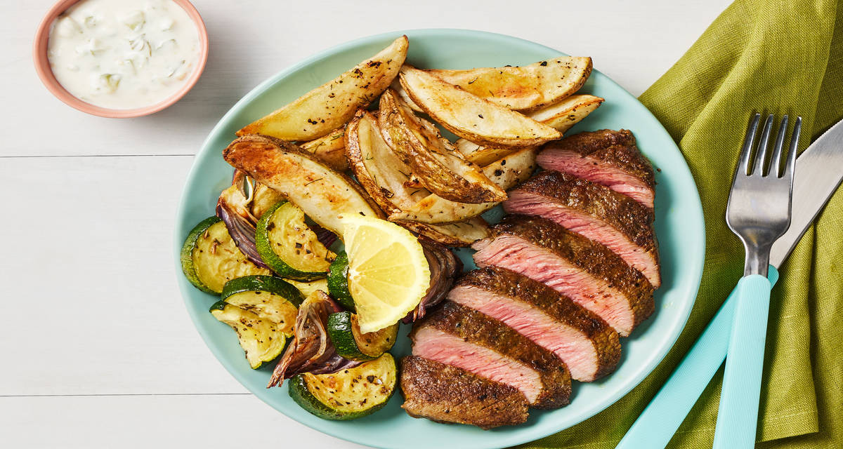 Taverna Steak & Dilly Potato Wedges with Roasted Veggies & Tzatziki