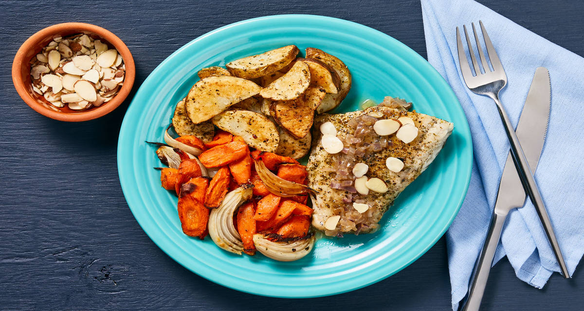 Pan-Seared Barramundi with Shallot Butter Sauce plus Roasted Carrots & Potatoes