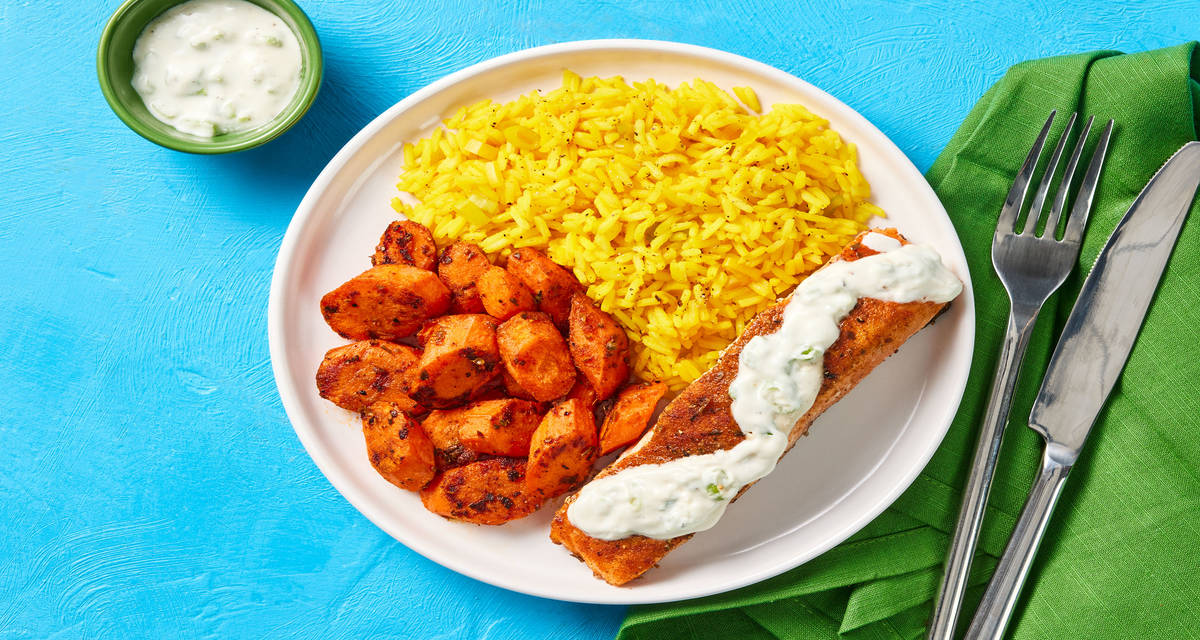 Sizzling Spiced Salmon with Golden Rice plus Roasted Carrots & Scallion Crema
