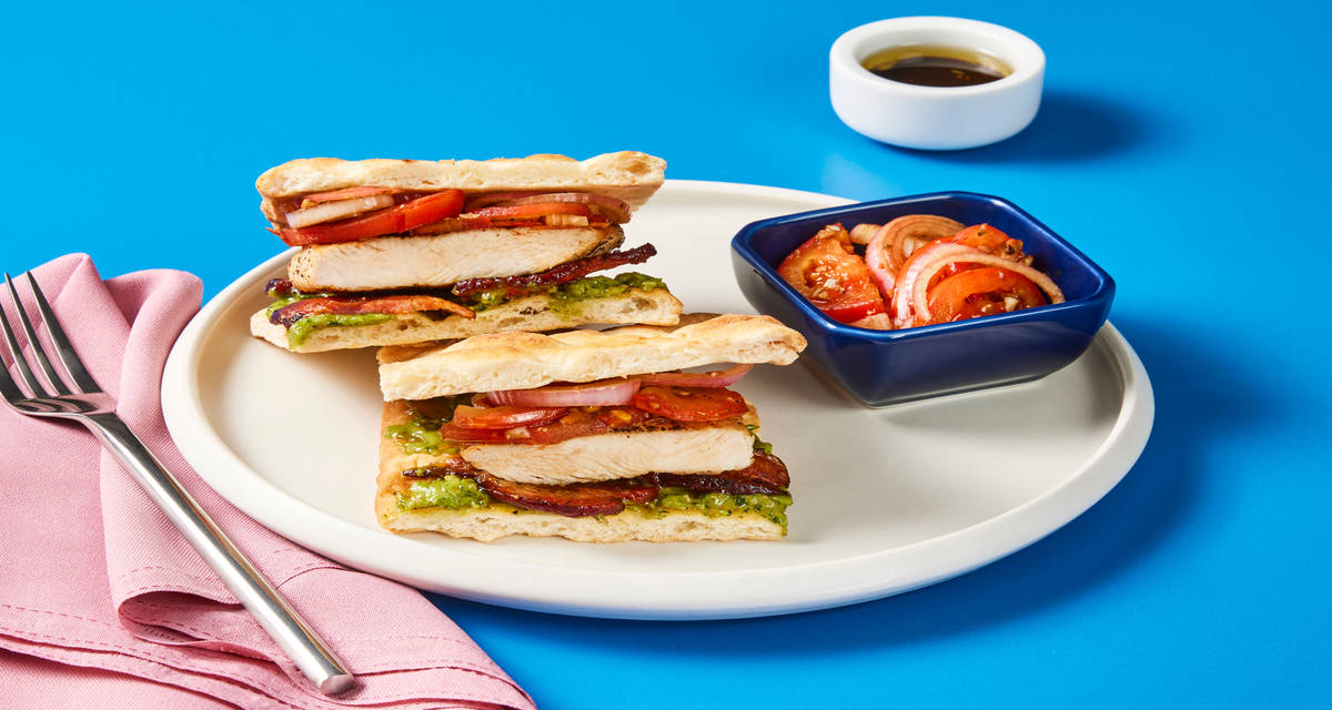 Chicken, Bacon & Basil Mayo Sandwiches with Tomato Salad & Balsamic Dipper
