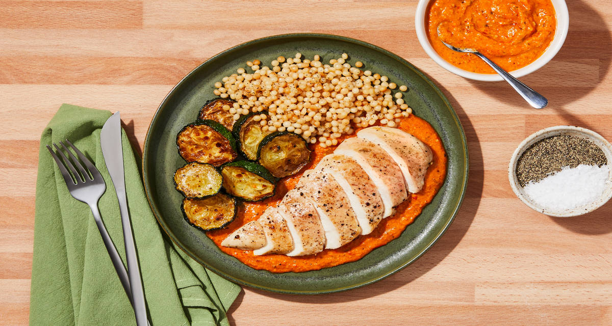 Chicken Cutlets with Smoky Romesco Sauce plus Couscous & Roasted Zucchini