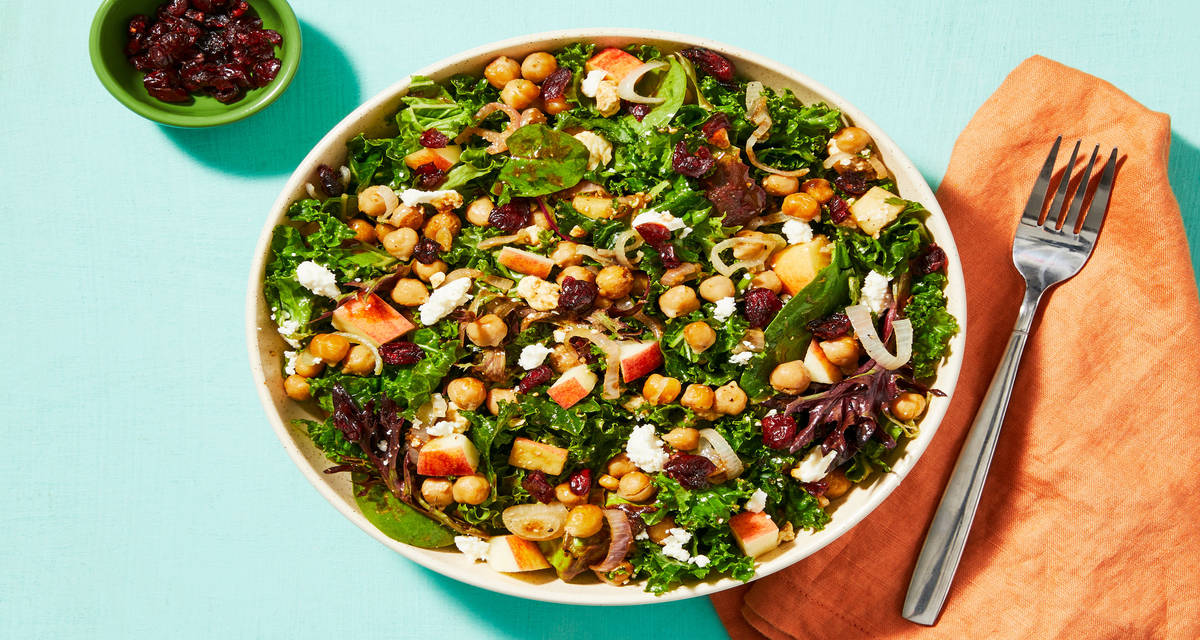 Kale, Apple & Feta Harvest Salad with Garlicky Chickpeas & Dried Cranberries