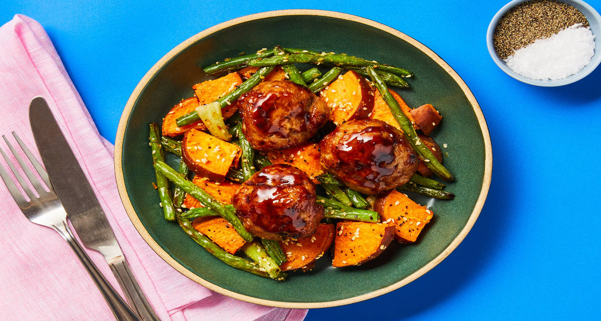 Sweet & Tangy Hoisin Beef Meatballs over a Sesame-Ginger Veggie Jumble