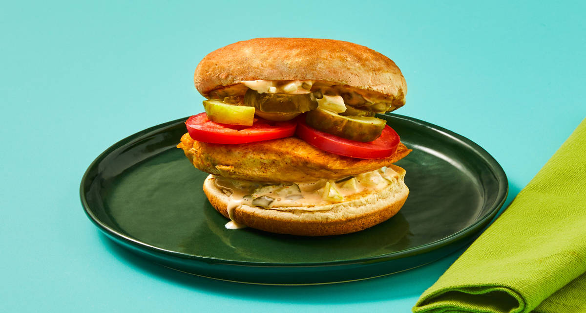 Smoky BBQ Chicken Sandwiches with Spicy Mayo, Tomato & Dill Pickle