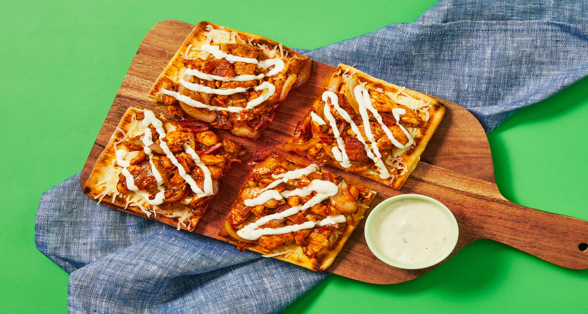 BBQ Chicken, Bacon & Onion Flatbreads with Ranch Drizzle