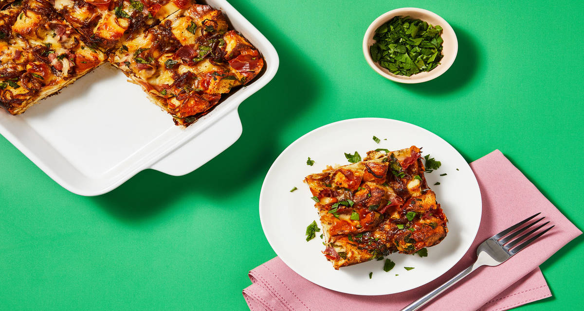 “Croque Monsieur” Breakfast Strata with Prosciutto & Caramelized Onion