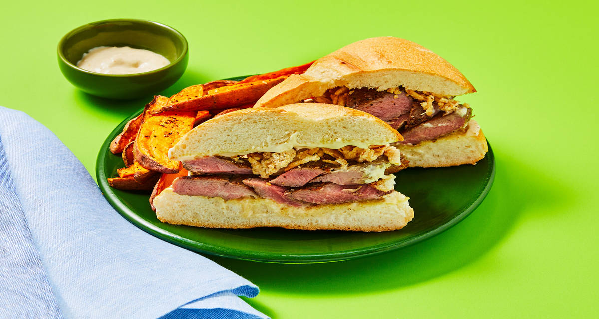 Steak Sandwiches with Horseradish Mayo plus Crispy Fried Onions & Sweet Potato Wedges