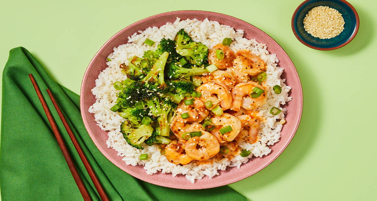 Sizzlin’ Shrimp Bowls with Spicy Mayo plus Garlicky Roasted Broccoli & Brown Rice