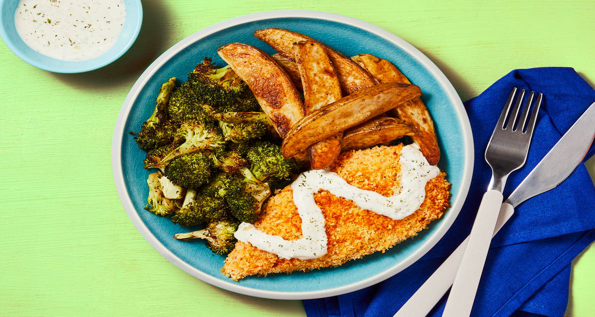 Sheet Pan Crunchy Chicken with Ranch Crema plus Roasted Potatoes & Herby Broccoli