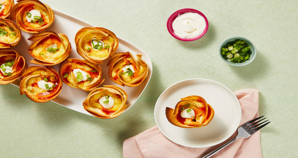 Make-Ahead Cheesy Egg Tostada Bites with Sour Cream & Scallions