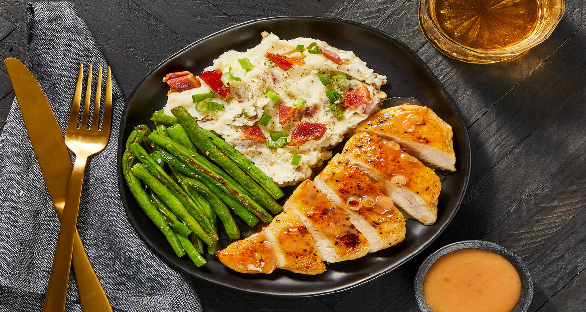 Chicken with Cherry Pan Sauce with Loaded Mashed Potatoes & Roasted Green Beans