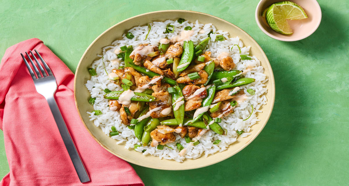 Chicken & Snap Pea Stir-Fry with Scallion-Lime Rice & Creamy Chili Sauce