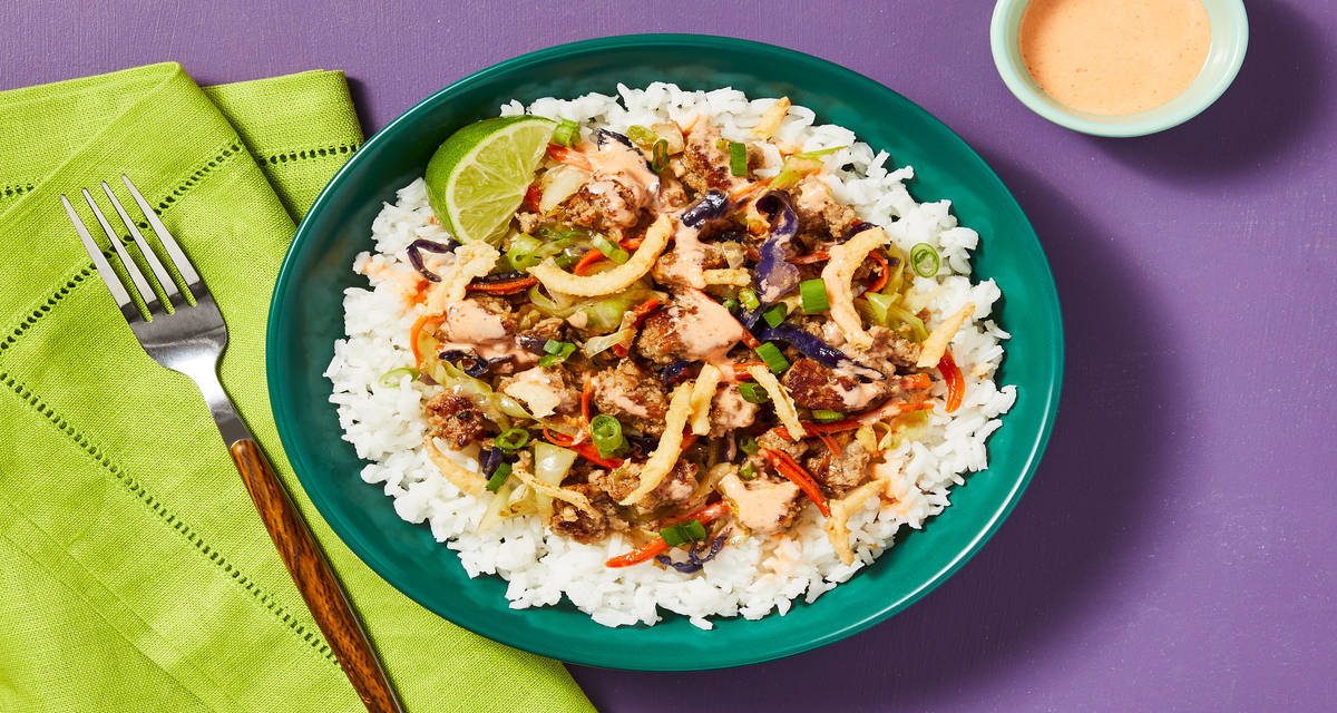 Lemongrass Pork & Rice Bowls with Scallions, Sriracha Mayo & Crispy Fried Onions