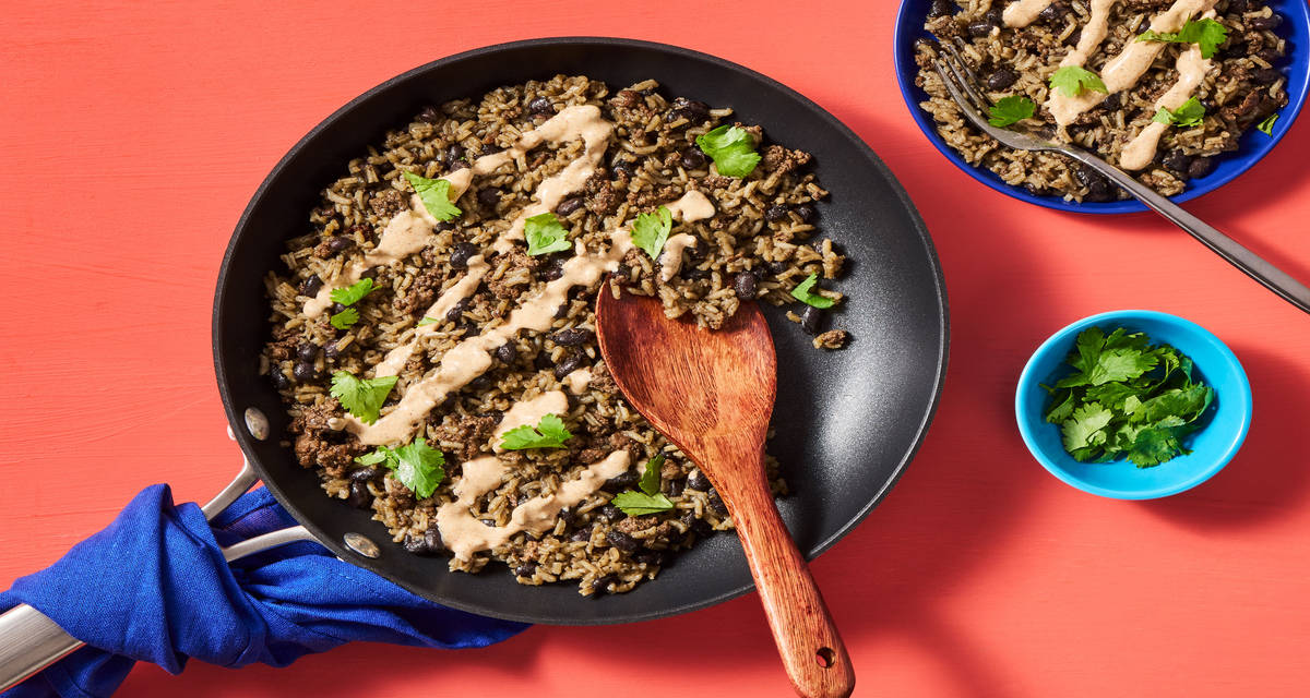 One-Pan Beef, Black Bean ’n’ Rice Skillet with Mexican Spice Crema & Cilantro